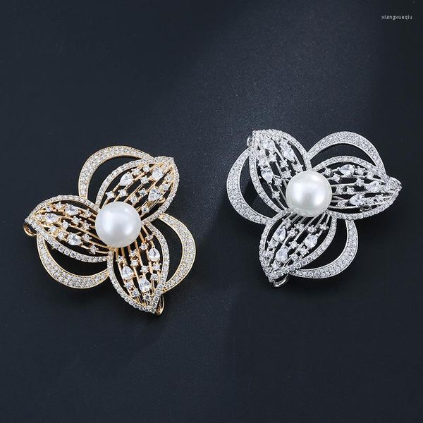 Jóias corporais broches de pérolas finas para mulheres 14K Soild Gold Luxury Bohemia Daimond Broche Trendy Flower Flower Engagement