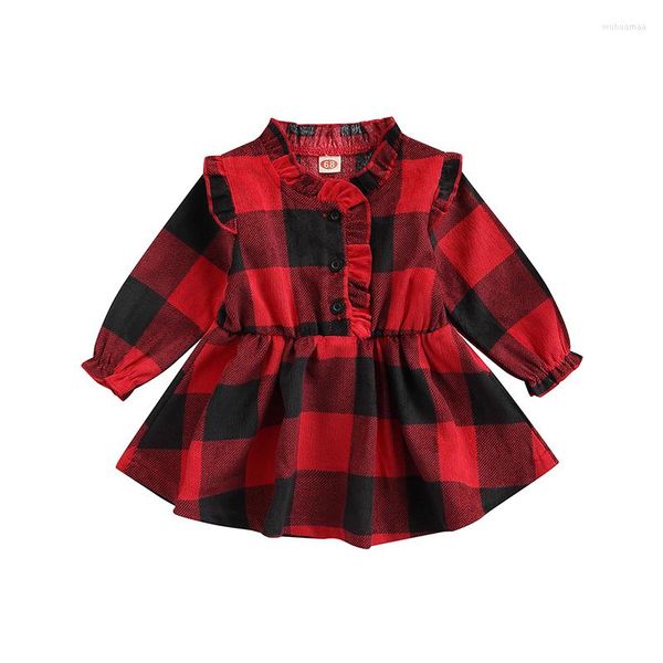 Mädchenkleider 0–3 Jahre, süßes geborenes Baby, langärmelig, rot kariertes Kleid, Rüschenkragen, A-Linie, kniehoch, Prinzessinnen-Kleidung