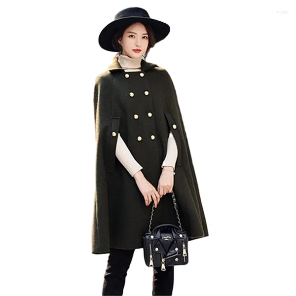 Damenjacken Herbst Winter Winter Cloak Cape Imitieren Wollmantel Frauen Mode Langes B￼ro Doppelreihe Schalwolle Jacke Frauen Mantel