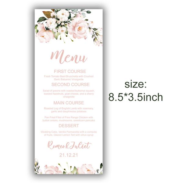 Biglietti d'auguri Menu di nozze con acquerello Fard morbido Fiori rosa Floreale Fai da te Champagne Brunch Menu per feste di compleanno Menu per baby shower nuziale 220922