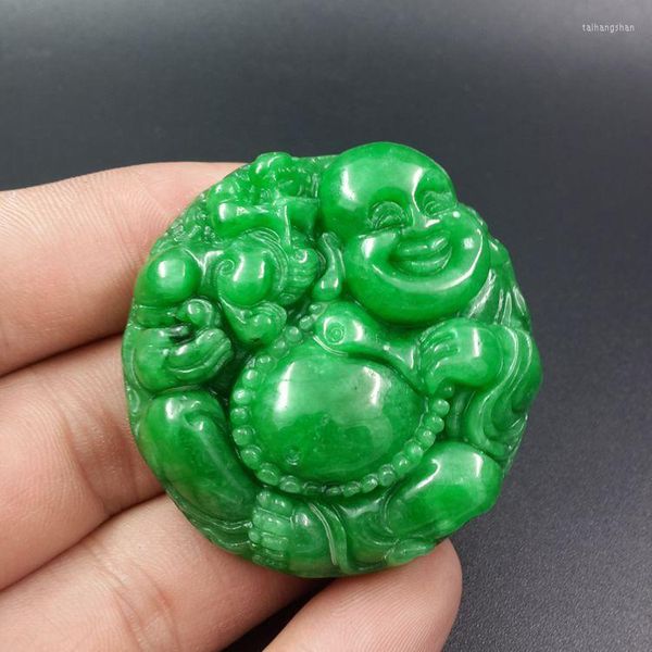 Anhänger Halsketten Natürliche doppelseitige handgeschnitzte grüne Smaragd-Jade Happy Lucky Buddha-Halskette für Damen und Herren