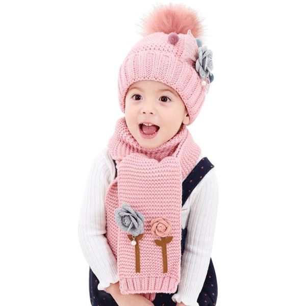 Sciarpe Avvolgimenti Cappelli Sciarpe Guanti Set Doit Flower Bambini Cappello invernale Berretti Velluto Lana Bambini Ragazzi Pelliccia lavorata a maglia 2 pezzi Sciarpa per bambina 220921