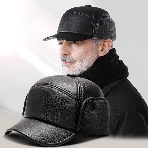 Beralar Kış Eski Erkekler Bombardıman Şapkaları Sahte Deri Plus Kadife Kalın Beyzbol Kapağı Orta Yaşlı Baba Şapkası Kulak kapağı ile sıcak tut