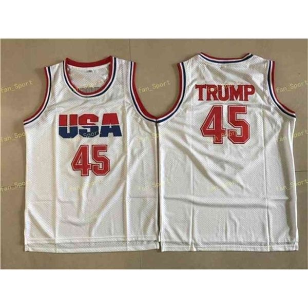 SJ Mens 45 Donald Trump Jersey de basquete Jersey USA Dream Team One Fashion 100% costura camisas de basquete branco