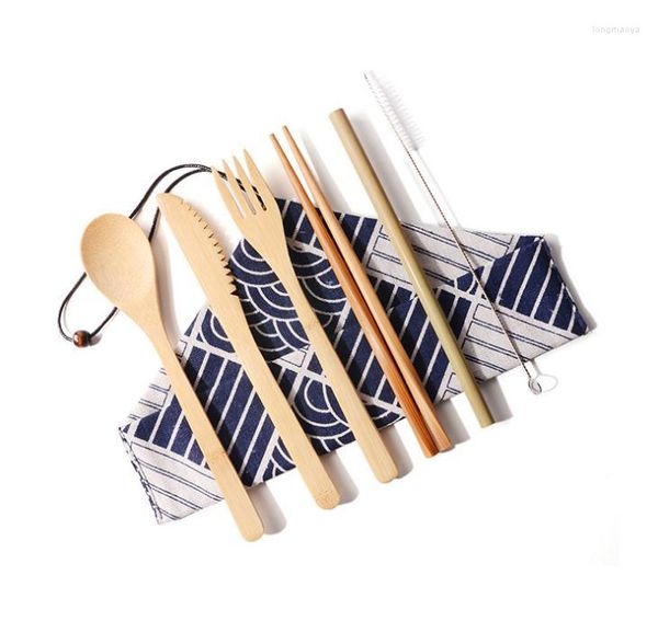 Conjuntos de talheres dhl 50set estilo japonês conjunto de utensílios de madeira de bambu palha com bolsa de pano cozinha ferramentas de cozinha sn2010