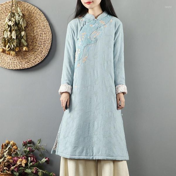 Ethnische Kleidung Gelbes chinesisches Kleid Qipao Floral Cheongsam Baumwolle Vestidos Gestickte Vintage Robe Femme Herbst Winter 11700
