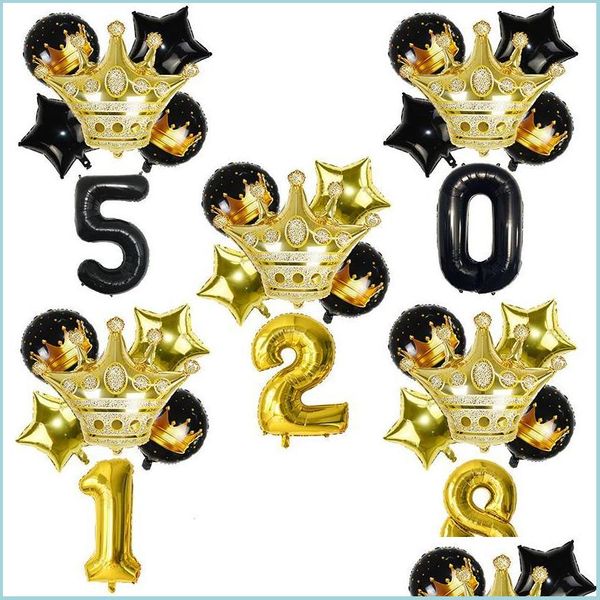 Parti Dekorasyonu 6pcs/Set Crown Siyah Altın Numarası Folon Balon Bebek Duş Doğum Günü Dekorasyonları Helyum Balonlar Yydhhome DHPG6