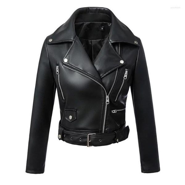 Damenjacken Damen Gothic Schwarze Lederjacke Damen Outwear Gürtel Reißverschluss Kurzer Kurzmantel Mode Winter Moto Biker Punk Slim PU