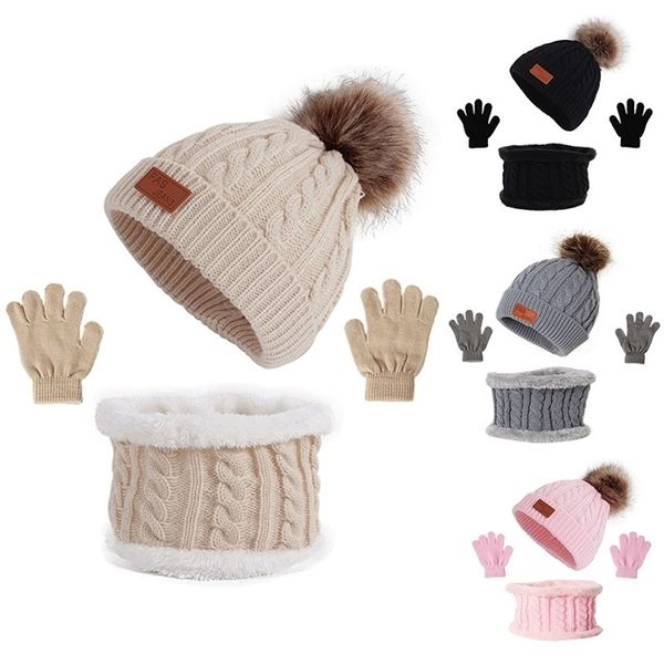 Шляпы шарфы наборы 3pcs set Baby Winter Pompom Дети вязаные милые теплые шарф -шарф -костюмы для девочки мальчика повседневного сплошного цвета младенца 220922