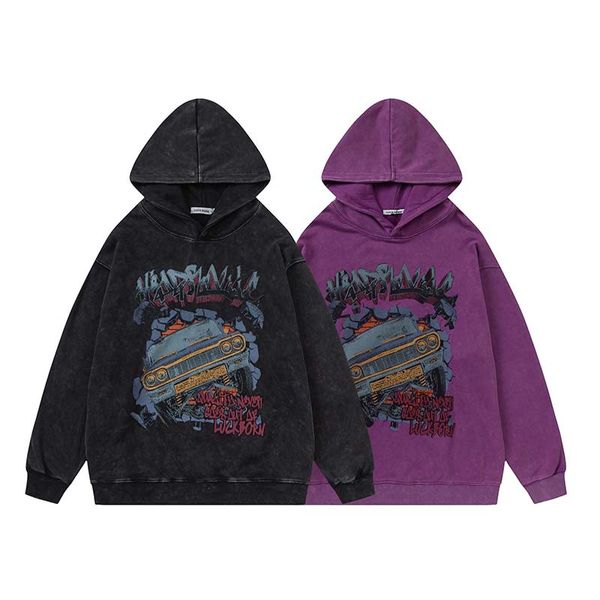 Hip Hop Hoodie Street Giyim Y2K Vintage Retro Araba Grafik Baskı Yıkalı Kapşonlu Sweatshirt Harajuku Moda Günlük Gevşek Kazak