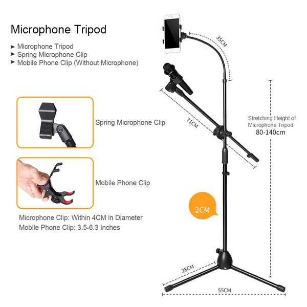Trip￩ de micro -metal telesc￳pico Trip￩ flex￭vel portador de celular Flip Swing Swing Boom Stage Stand Microfone Stand Microfone Stand