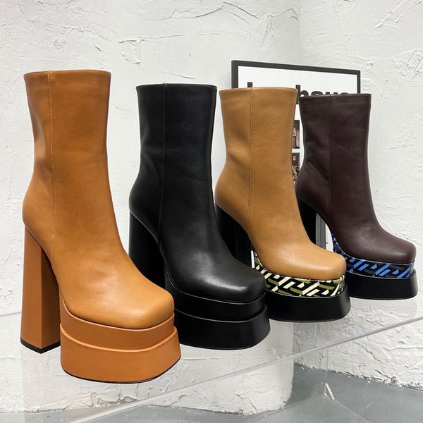 Женская 2022 зимняя лодыжка колена высокие ботинки для ботинки модельер Designer обувь двойная коренастая платформа квадратный каблук квадратный носок подлинный кожаный молния на молнии