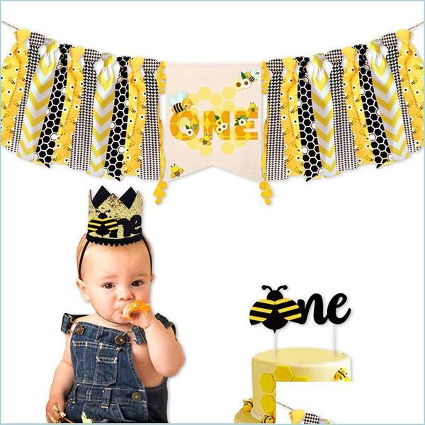 Украшение вечеринки пчела первого дня рождения выпрямляемое баннер торт Topper Crown Stat