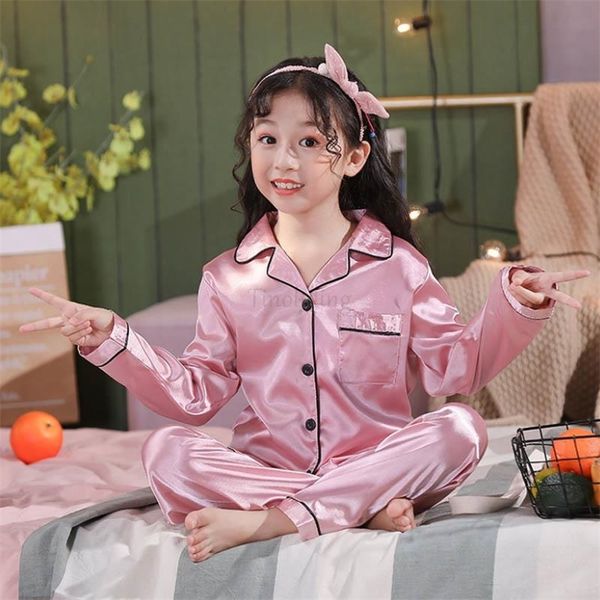 Pijama de manga cheia de seda para meninas filhos Pijamas Pijamas Adolescentes Pijama de cetim de cetim conjuntos de ternos noturnos Crianças 220922