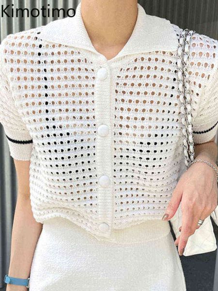 Damenpullover Kimotimo Sommer Revers aushöhlen Strickjacke Frauen Kurzarm Einreiher Pullover Korean Chic Mode Elegante Hemden J220915
