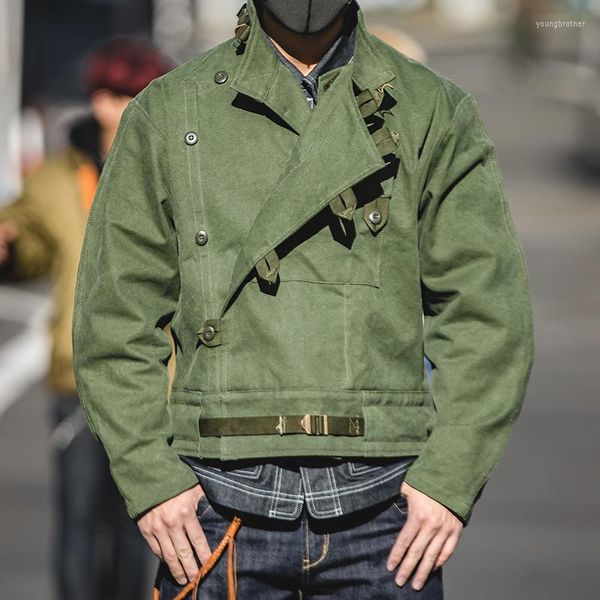 Herrenjacken Maden Army Green Retro Jacke Misplaced Oblique Buckle Swedish Motorcycle Herren AMEKAJI Cotton Washed Water Oversize