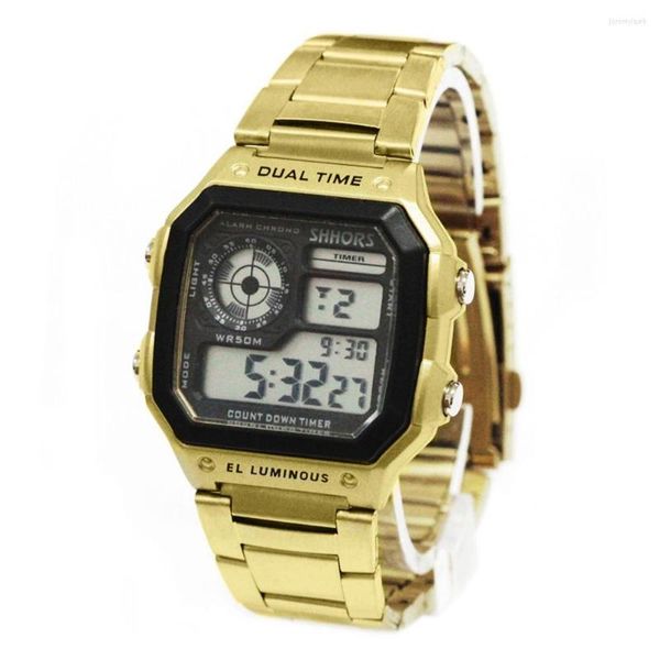 Armbanduhren Shhors Luxus Herrenuhren LED Digital Sport Golden Edelstahl Elektronische Armbanduhr Reloj Hombre