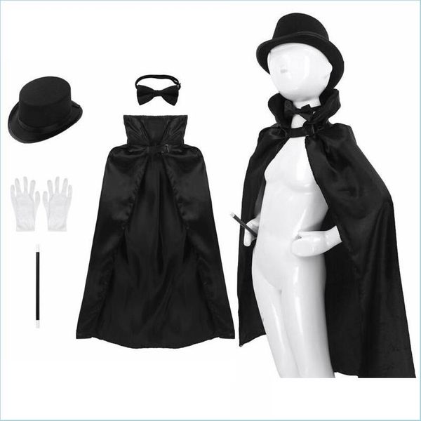 Party Dekoration 5 stücke Kinder Zauberer Cosplay Kostüm Outfit Cape Hut Zauberstab Handschuhe Krawatte Set Für Rollenspiel Halloween Gran Bdebag Dh7Rl