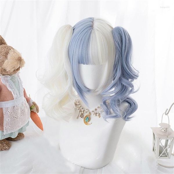 Forniture per feste CosplayMix Lolita coda di cavallo Blu Bianco Ombre Frangia lunga e dritta Parrucca Cosplay per capelli sintetici Bob carino