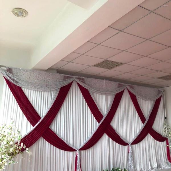 Decoração de festa Casamento branco cenário Borgonha Seda de gelo e cortinas de swag de sequência prateada para o evento de cortina de 3mx6m