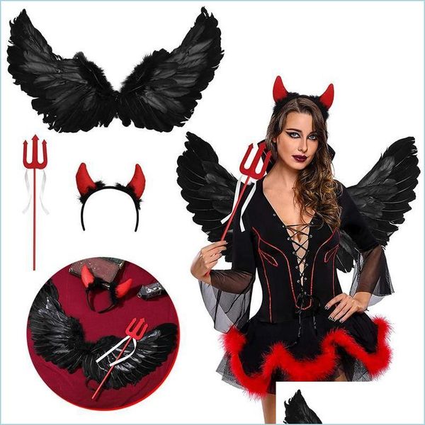 Decorazione per feste 3Pcs Devil Feather Wing Triangle Fork Headwear Set Red Headband Halloween Cosplay Costume Dress Up Prop Dro Yydhhome Dhboq