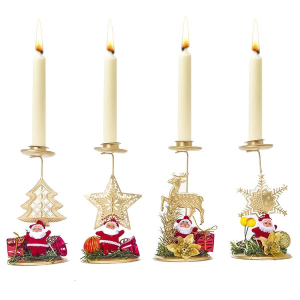 Papai Noel Snowflake Star Christmas Candlestick Candle Ornament Ornament Gift Desktop Metal Veller Titular para decoração de mesa de Natal