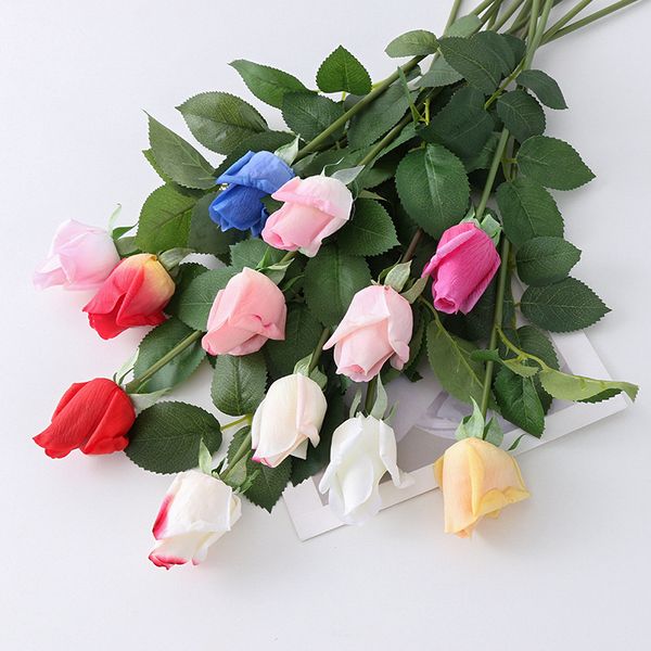 Flores de rosa artificial Bud haste ￺nica realista 11 cores Rosebud de seda para decora￧￣o de casa de casamento
