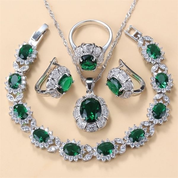 925 Mark Collana da sposa e orecchini Set di gioielli per le donne Abito da sposa moda Costume Anello braccialetto con ciondolo zircone verde 220922