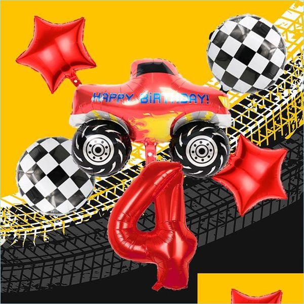 Decorazione per feste 6Pcs Pickup Truck Foil Balloons 32 pollici Numero rosso Giocattolo regalo per bambini Bandiera di partenza rotonda Palla stampata Nerdsropebags500Mg Dhm5J