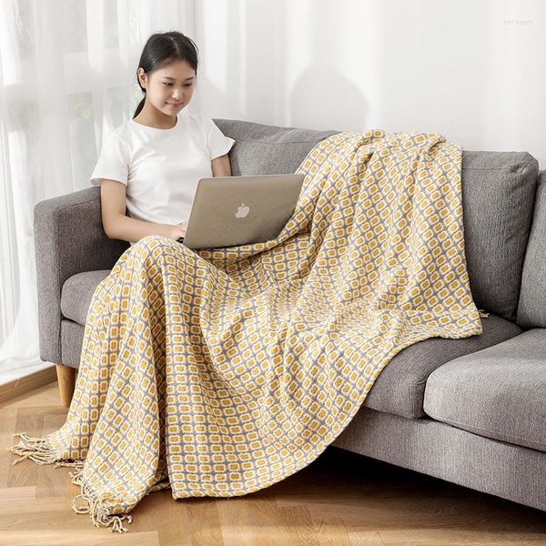 Одеяла Novic желтая решетчатая вязаная броска одеяло для дивана с двойным лицом.