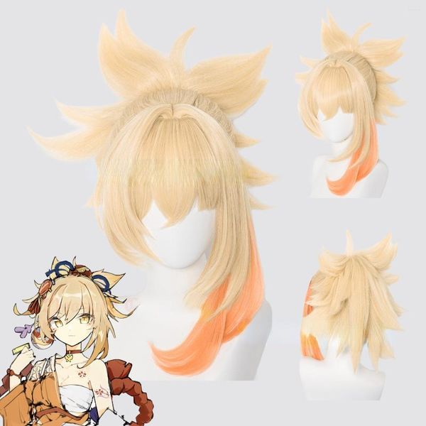 Forniture per feste Genshin Impact Yoimiya Parrucche Cosplay Puntelli Parrucca sintetica resistente al calore Capelli anime Retine per capelli incorporate