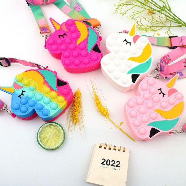 Neue Zappeln Spielzeug Sensorischen Einhorn Schulter Tasche Handy Straps Finger Push Telefon Beutel Fall Geldbörse Dekompression Spielzeug Für Kinder