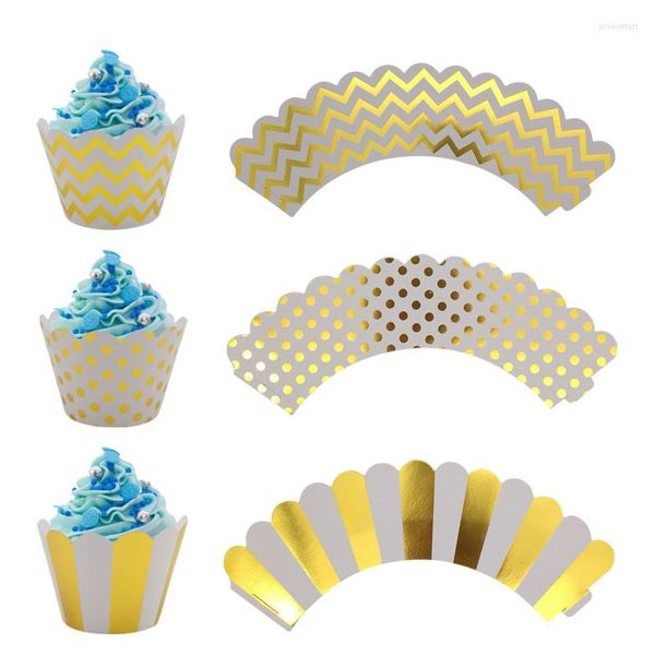 FESTIVO SUPLIMENTOS JQSYRISE 12PCS Gold Black Dot Wave Cupcake Wrappers Infronto Casamento Festa de Aniversário Toppers Acessórios de Acessórios