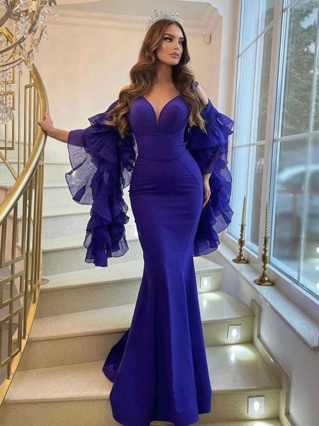Vestidos de noite azul ￡rabe elegantes vestidos de mangas compridas sereia vestidos de celebridade fora das al￧as do ombro maxi baile de festa