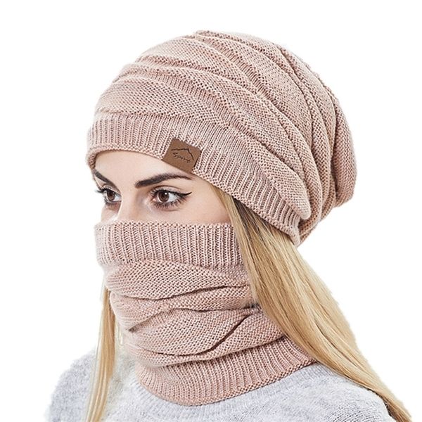 Şapkalar Eşarplar Setler Kış Beanie Scarf Seti Kadınlar Sıcak Örgü Kafatası Kapağı Boyun Sıcak Kırık Kürklü Kürk Çizeli 220922 için