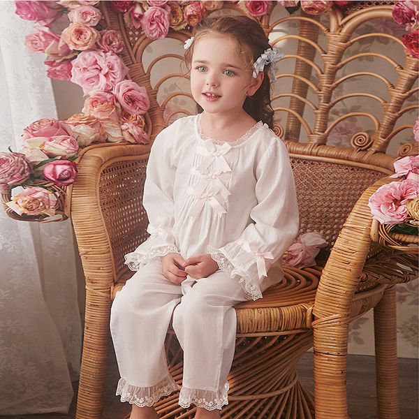 Pyjamas Kinder Mädchen Lolita Weiß Prinzessin Pyjama Sets Royal Style Tops Hosen Vintage Kleinkind Kinder Schleife Pyjamas Set Schlaf Loungewear 220922