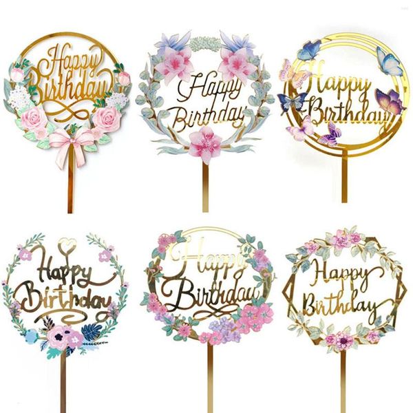 Forniture festive 12x16 cm Pianta Happy Birthday Cake Toppers Argento dorato 3D Acrilico Party Cupcake Topper Decorazione dessert Baby Shower