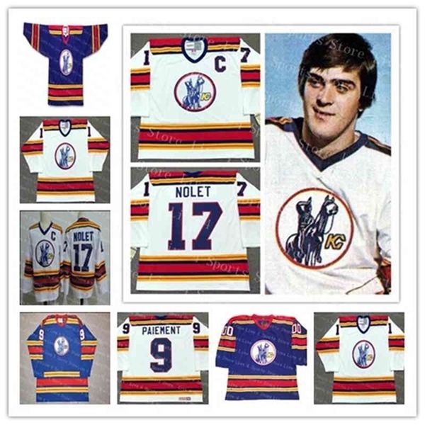 WSKT Custom Kansas City Scouts Men's College Hockey Simon Nolet Denis Herron Steve Durbano White Blue Alternate1974-1976 Vintage Name Trikots