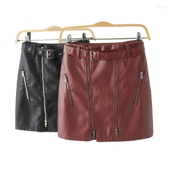 Gonne gonna in pelle Pu solida vita alta rossa sexy Mini cerniera irregolare moda dimagrante 2022 donna autunno