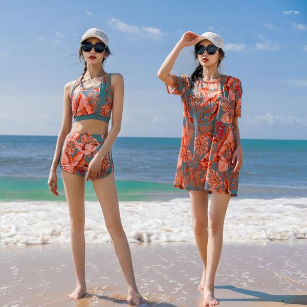 Moda de banho feminina 2022 Summer Fashion Print Sports Style de manga curta de maiô de 3 peças de biquíni de biquíni para mulheres praia seca rápida