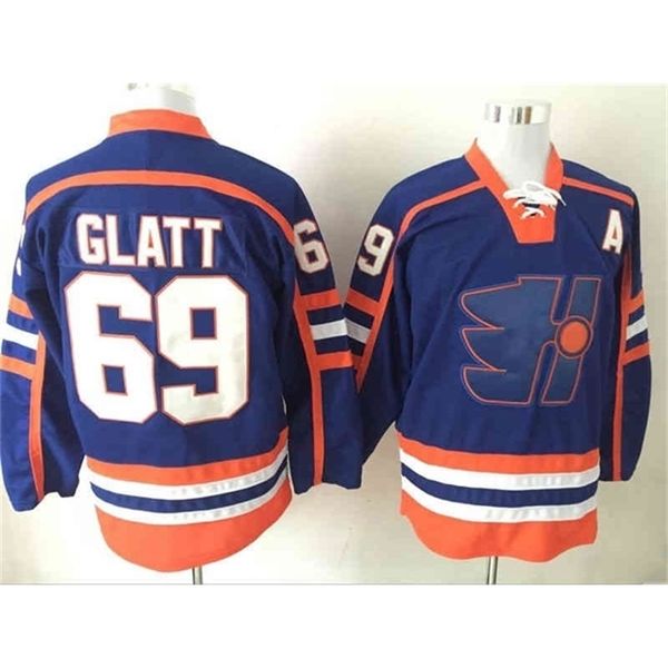Wskt 2017 Neue Hockey-Trikots, billig genäht, 69 Doug Glatt The Thug Halifax Highlanders GOON Movie Vintage Uniformen Blau Gelb Alternate