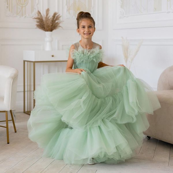 Mintgrünes Tüll-Blumenmädchenkleid für Hochzeiten, Rüschen, Festzugskleider, Fotoshooting, Erstkommunionkleid für kleine Mädchen