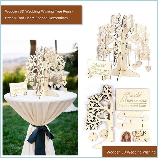 Party Decoration Wedding Guest Book Desejando Árvore 3D Signature Wooden Hearts Pingente Drop Ornamentos Presentes T2G Delivery 2021 Bdesports DHTIV