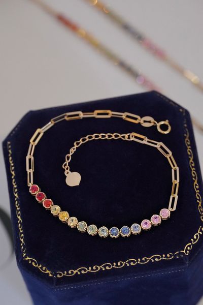 22092207 Bracciale a catena di gioielli da donna arcobaleno zaffiro rotondo au750 oro giallo 18 carati 16/18 cm pietre preziose regolabili idea regalo per ragazza di moda