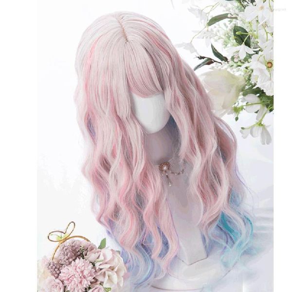 Suministros para fiestas Cosplay Mix 67CM Pelo rizado largo Flequillo Lolita Rosa Azul Ombre Japón Lindo Navidad Halloween Gorro de peluca sintética