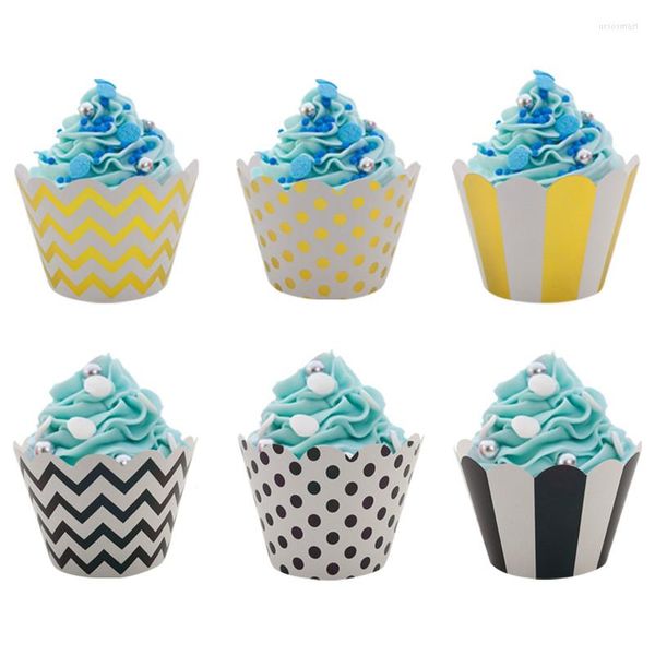 Forniture festive JQSYRISE 12 pezzi oro nero a strisce puntino onda involucri per cupcake matrimonio festa di compleanno bordo torta cottura bambini Baby Shower