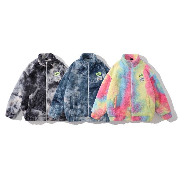 Piumino invernale in pile sfocato Hip Hop Streetwear Harajuku Rainbow Tie Dye Cappotto con cerniera lanuginoso colorato Giacche calde da uomo Harajuku