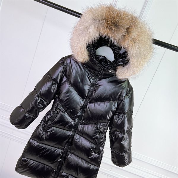 Vestiti da design per baby down cappotto grande collare piuma cotto addensato cappa magro lungo giacca a-riga per bambini swinwinter new piume emperatore girl outwear