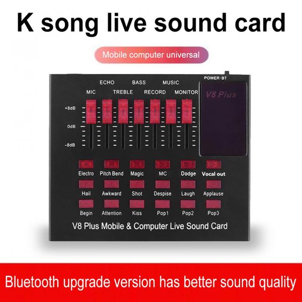 V8 mais placa de som compatível com Bluetooth com exibição de áudio USB Headset Microfone Webcast Interface ao vivo Card de sons externos