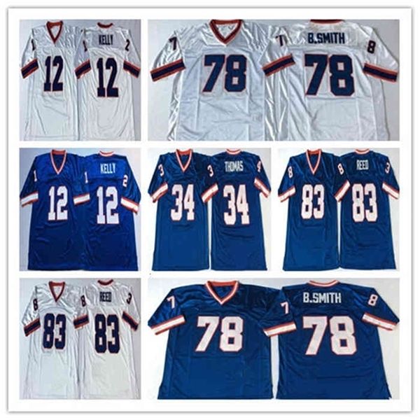 Wskt Cheap Men Retro Jim 12 Kelly Thurman 34 Thomas 78 Bruce Smith 83 Andre Reed Vintage Football Maglie Sticthed Blu Bianco S-3XL